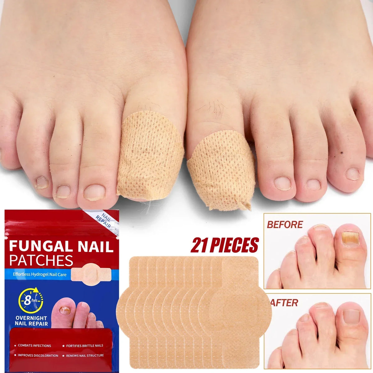 A set of 21 fungal nail patches for overnight nail repair shown on a foot.