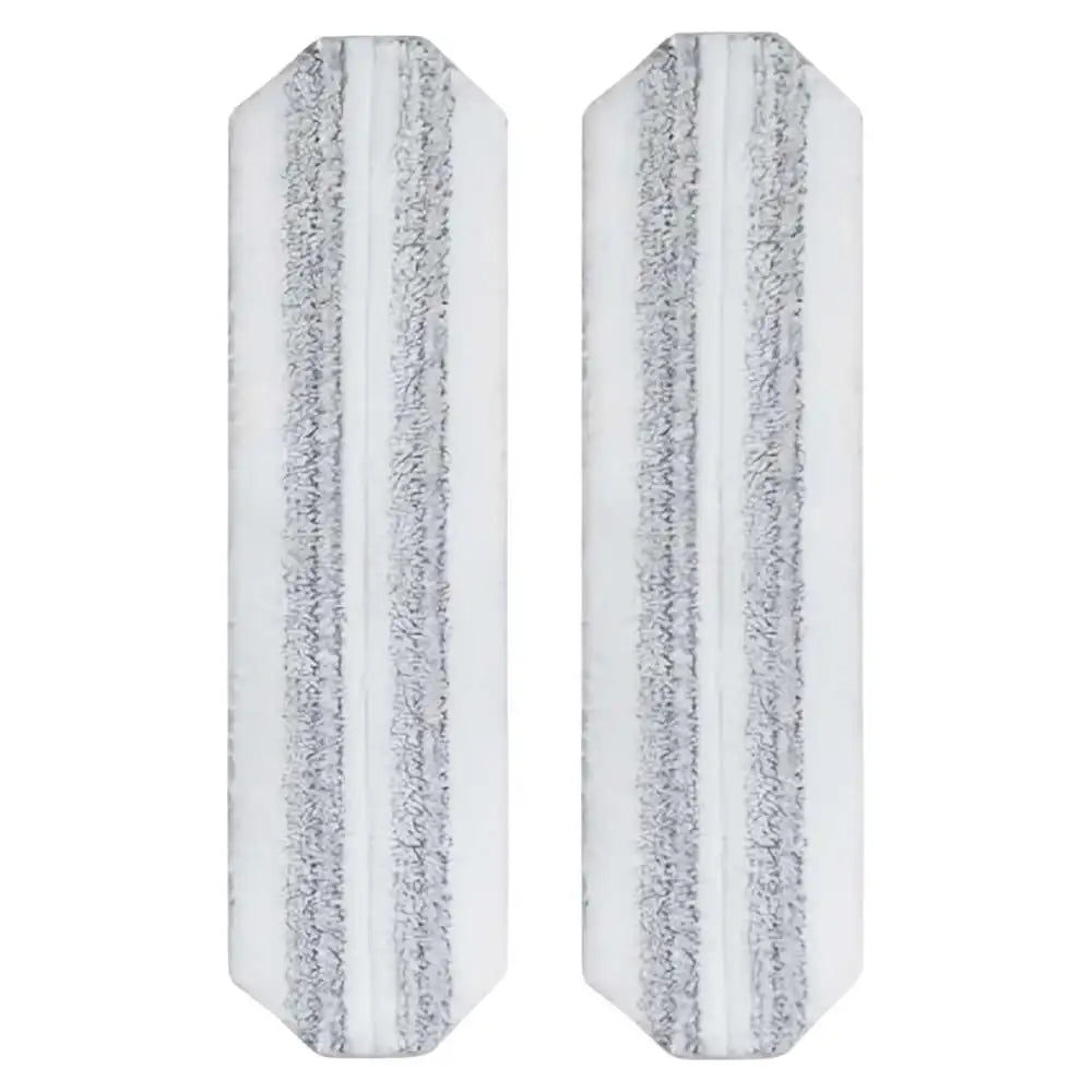 A pair of white and gray striped microfiber flat mop head refills for Vileda H2PrO and O-Cedar mops.