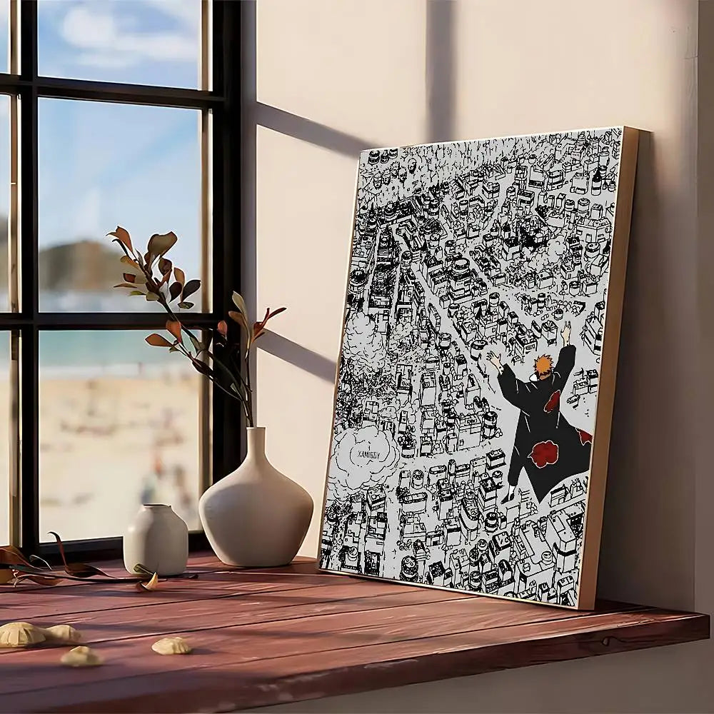 A framed black and white abstract canvas wall art poster depicting a busy street scene.