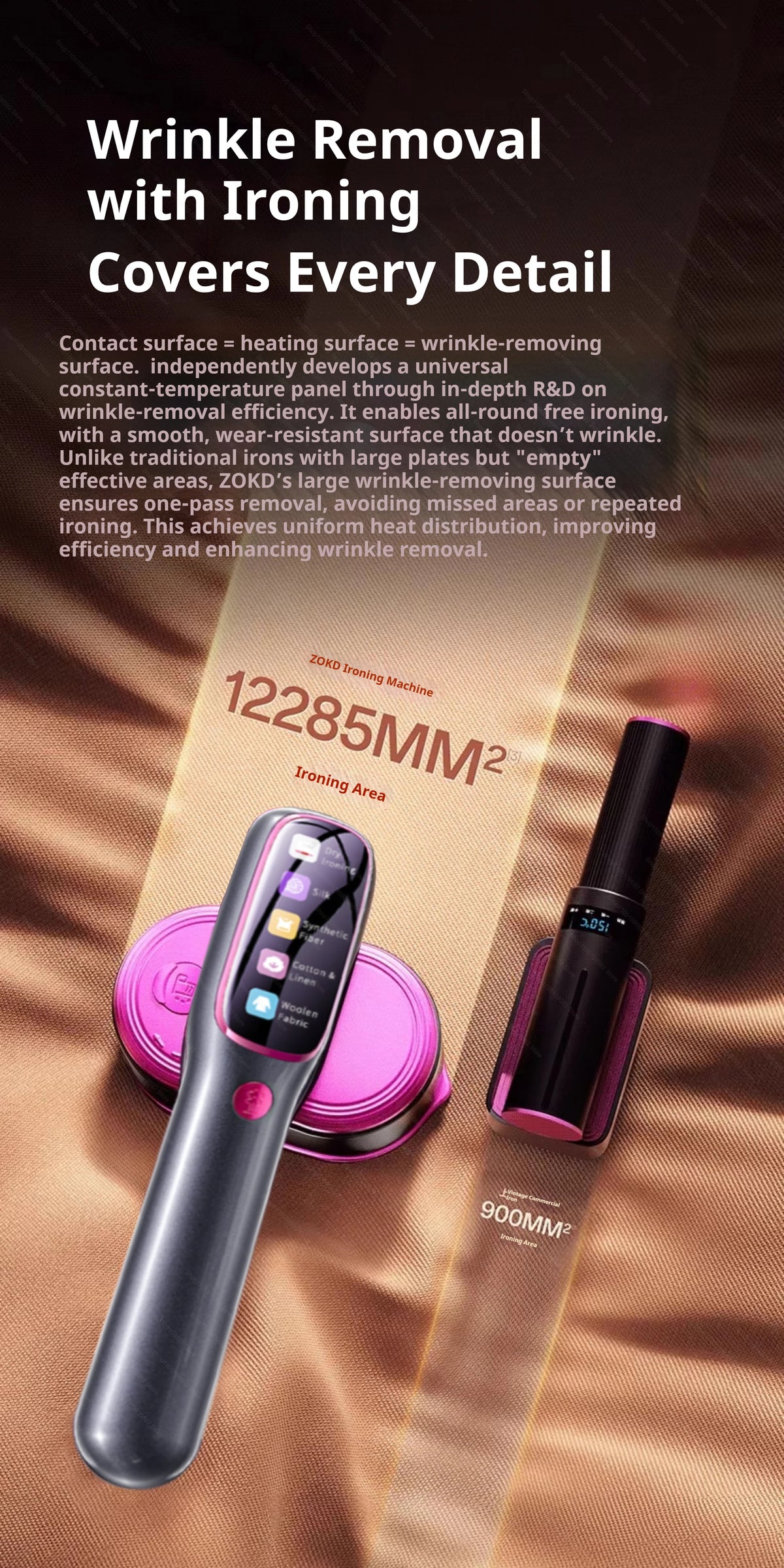 Un fer à vapeur portable gris est montré à côté d'une bouteille de fer liquide sur un fond texturé.