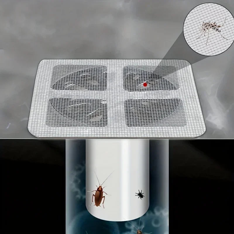 Ein Netzfilter zum Abfangen von Abfluss, mit Insekten sichtbar im Filter.