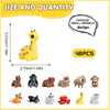 A collection of various small animal figurines in different designs and colors displayed next to a yellow giraffe figurine.