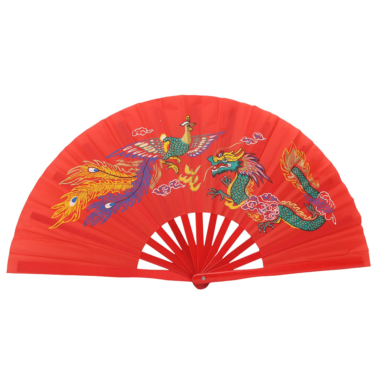 Un éventail de bambou traditionnel rouge avec des décorations de dragon et de phénix colorés.