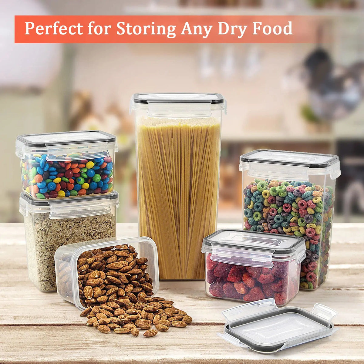 A set of five clear plastic food storage containers with lids filled with various dry foods like pasta nuts and grains