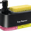 Un distributeur de savon noir avec une base rose et une barre de savon jaune.