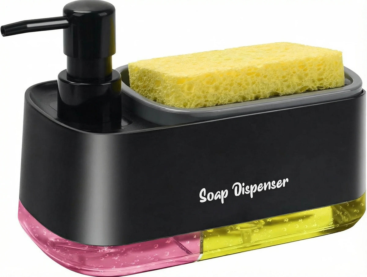 Un distributeur de savon noir avec une base rose et une barre de savon jaune.
