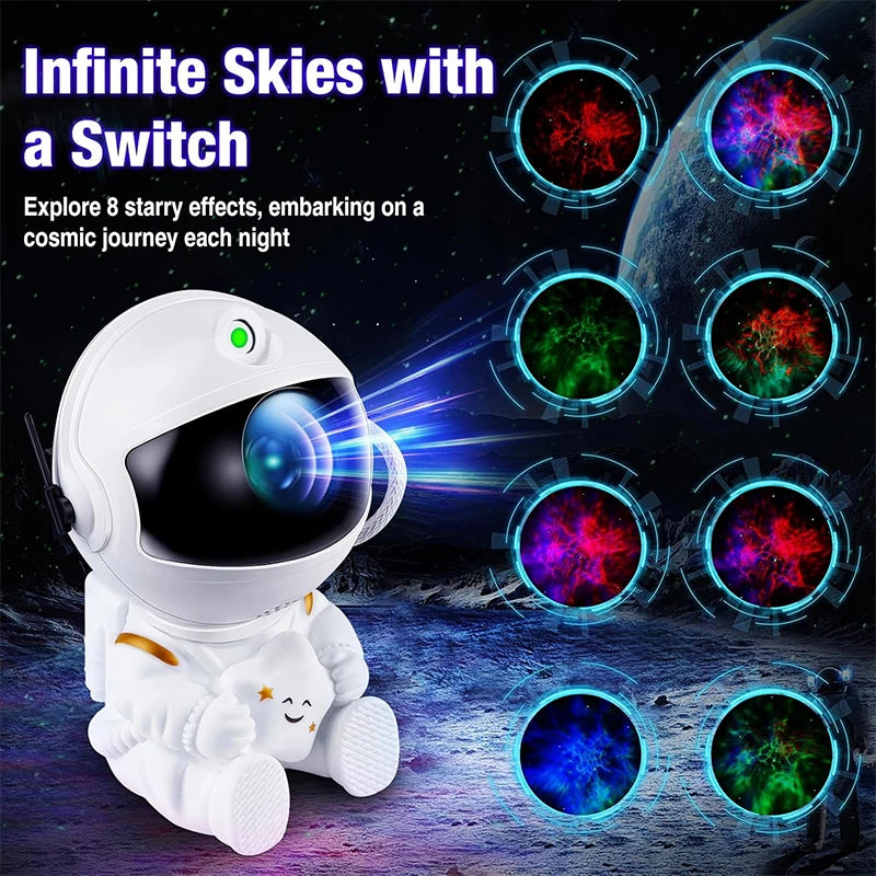 A white astronaut night light projector showing eight colorful star effects on a dark surface.