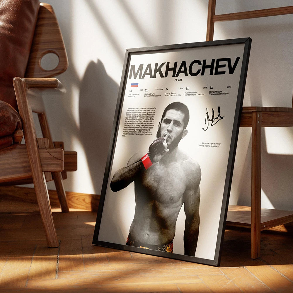 A framed canvas art print featuring a black and white photo of the UFC fighter Makhachev.