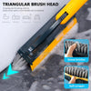 Yellow triangular brush head attached to a handle, shown cleaning a wet surface.