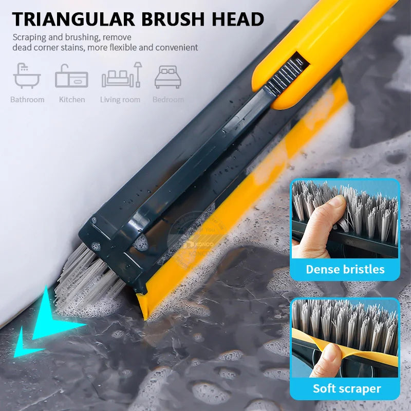 Yellow triangular brush head attached to a handle, shown cleaning a wet surface.