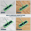 Green microfiber mop covers shown adapting to tile, wood, marble, and bamboo floors.