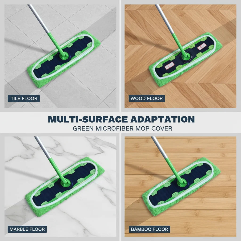Green microfiber mop covers shown adapting to tile, wood, marble, and bamboo floors.