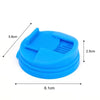 A blue reusable plastic beverage can seal with dimensions 5.8cm by 6.1cm and 2.5cm tall.