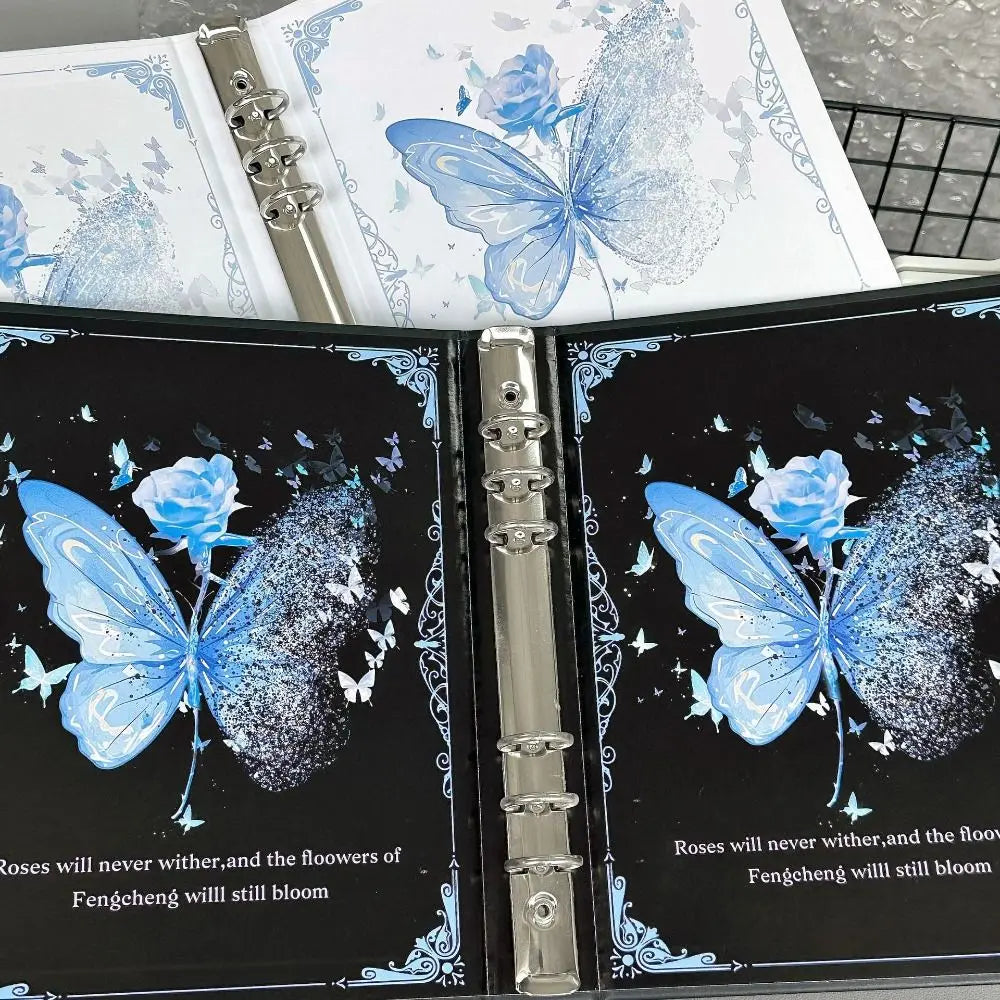A photo album featuring butterfly designs on the cover pages with silver binding.