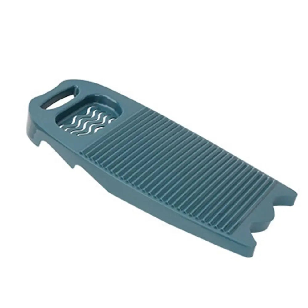 A blue plastic washing board with a slotted design for laundry.