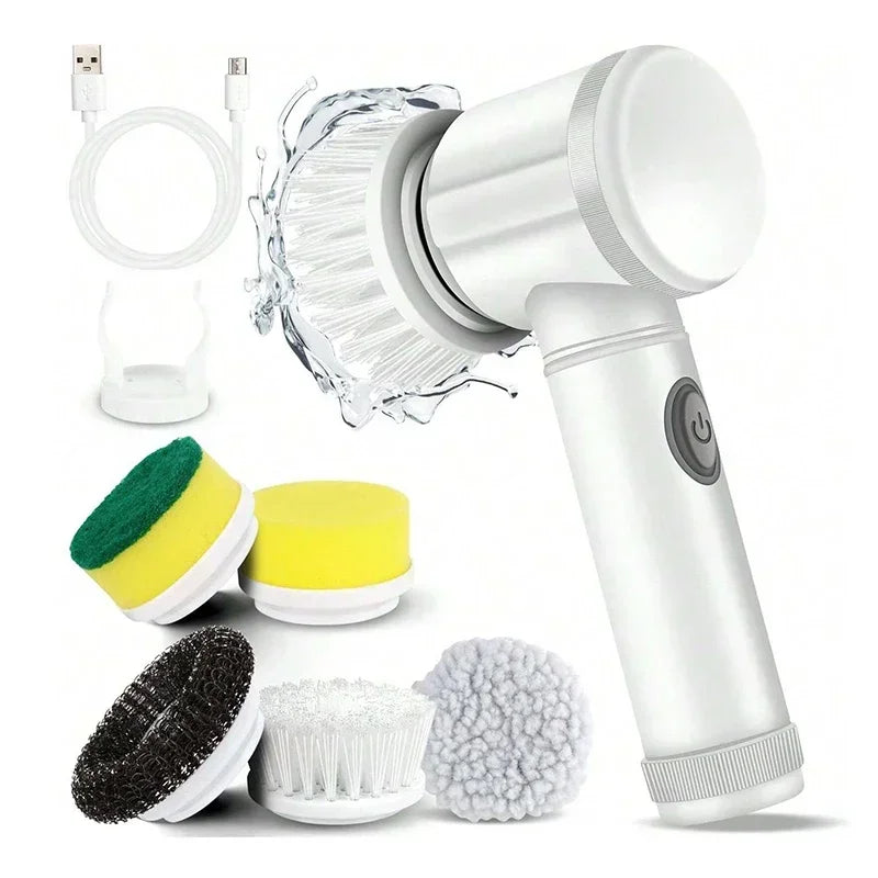 A white electric spin scrubber with multiple replaceable brush heads shown next to the main unit.