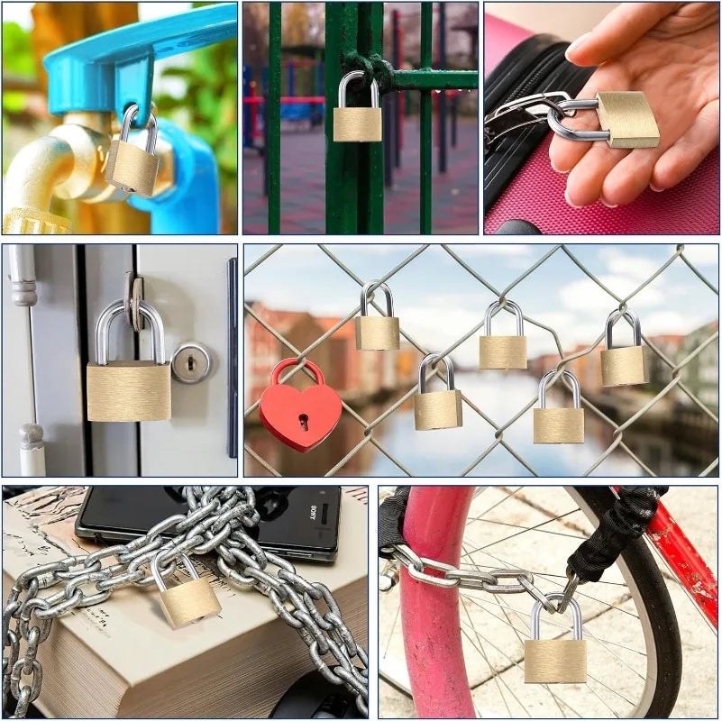 Collection de mini-serrures en cuivre et cadenas de différentes tailles, montrés sur un robinet, une porte, etc.