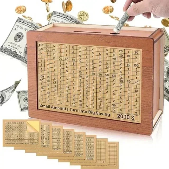 A wooden piggy bank with a grid for saving amounts is shown next to US currency and paper money stacks.