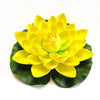 A bright yellow artificial lotus flower with green leaves, shown from above.