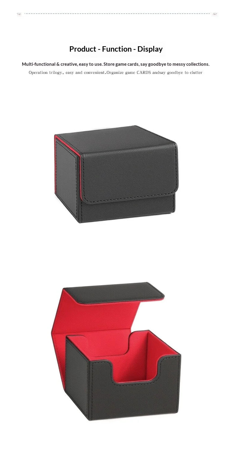 A black and red magnetic card deck box shown in two views, displaying its storage capacity.