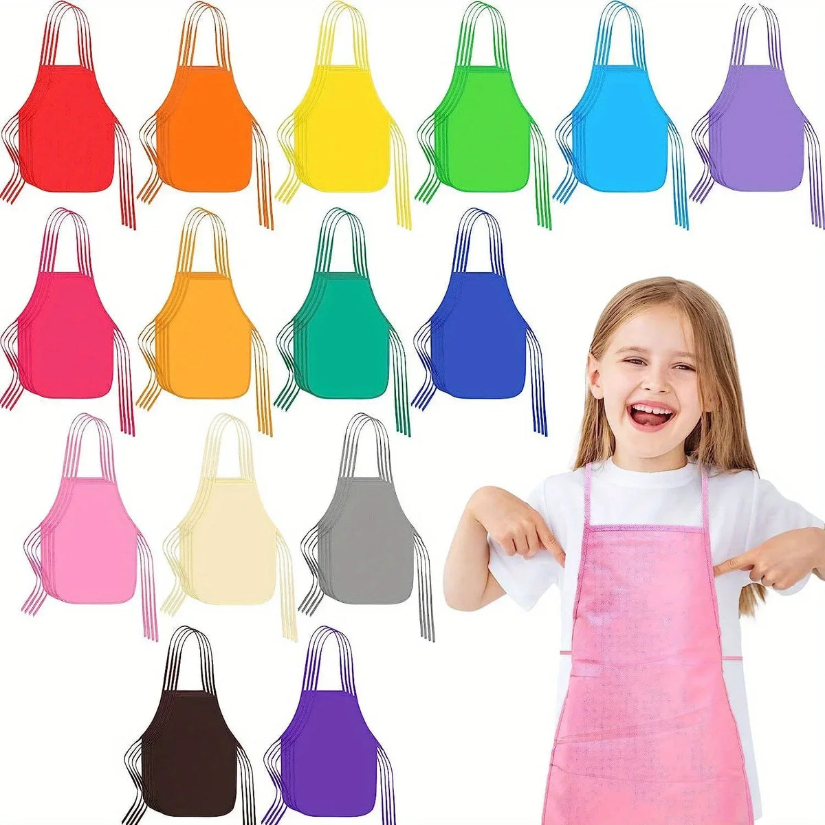 A collection of colorful non-woven craft aprons in various shades of red, orange, yellow, green, blue, and purple displayed a