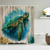 A shower curtain featuring a vibrant green sea turtle design against a blue and teal background.