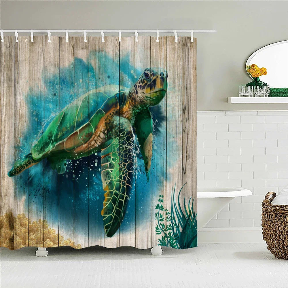 A shower curtain featuring a vibrant green sea turtle design against a blue and teal background.