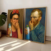 A framed painting depicting a woman with red flowers and a man with a beard looking thoughtfully at his hand.