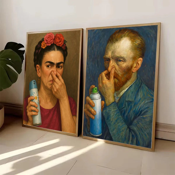A framed painting depicting a woman with red flowers and a man with a beard looking thoughtfully at his hand.