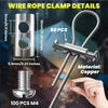 Details of wire rope clamp components including a cylindrical clamp and threaded fittings made of copper.