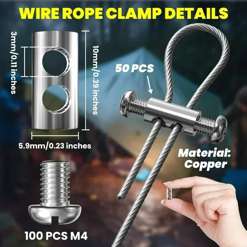 Details of wire rope clamp components including a cylindrical clamp and threaded fittings made of copper.