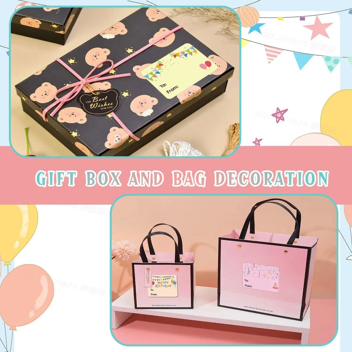 A gift box decorated with pink and yellow elements, alongside a pink paper bag for party favors.