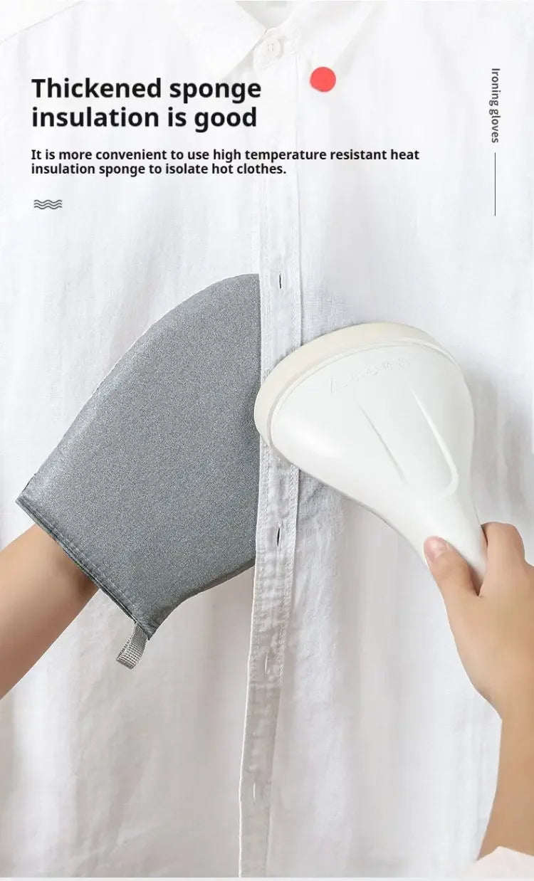 A hand is holding a white ironing glove and a gray sponge insulation board, demonstrating heat insulation.