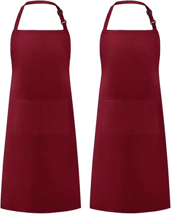 A solid maroon chef apron with adjustable straps and a front pocket.