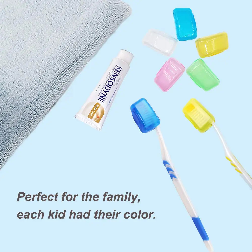 A collection of ten colorful silicone toothbrush head covers in various shades are displayed next to a brush.
