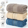 Stack of soft, absorbent bath towels in beige, light yellow, and blue colors.