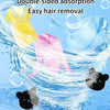 A reusable sponge is shown removing hair from various colored clothing and a black pet's fur in water.