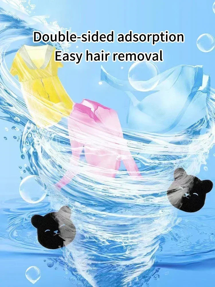 A reusable sponge is shown removing hair from various colored clothing and a black pet's fur in water.