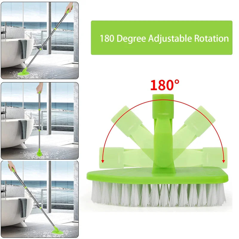 A green telescopic triangle cleaning brush with 180 degree adjustable rotation shown in use.