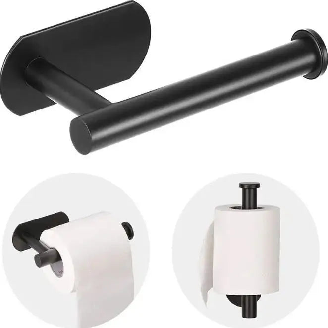 A black stainless steel self-adhesive toilet paper holder with a cylindrical roll.