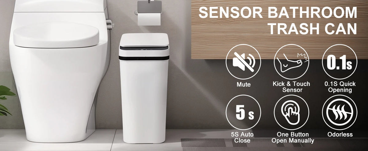 A white automatic motion sensor bathroom trash can next to a toilet, highlighting its features like mute, kick & touch sensor