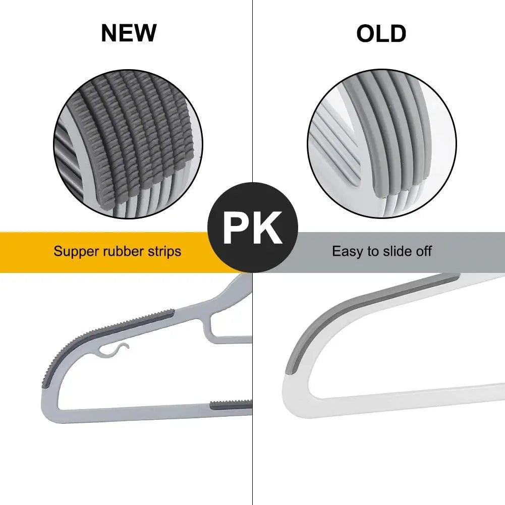 Comparison of new and old non-slip plastic hangers showing super rubber strips and easy slide off features.