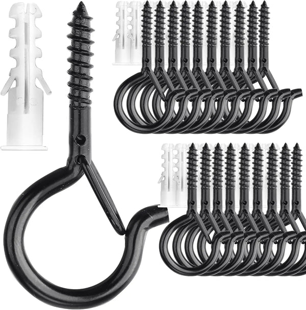 Black heavy duty screw hooks for plants and decorations shown in various configurations