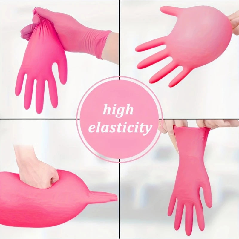 Varias angulaciones muestran guantes desechables de nitrilo rosados, demostrando alta elasticidad y flexibilidad.