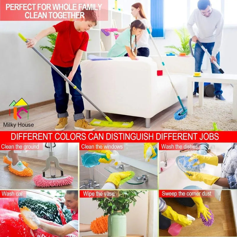 A variety of cleaning tools and products are shown, including slippers, brushes, and cloths for floor cleaning jobs.
