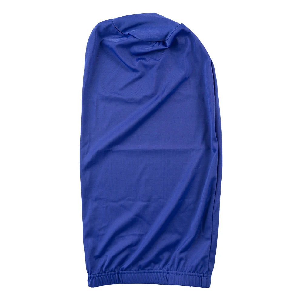 A royal blue satin hair bonnet for dreadlocks and braids.