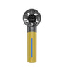 A portable handheld cooling fan with a silver grille and a gold body featuring a blue accent.