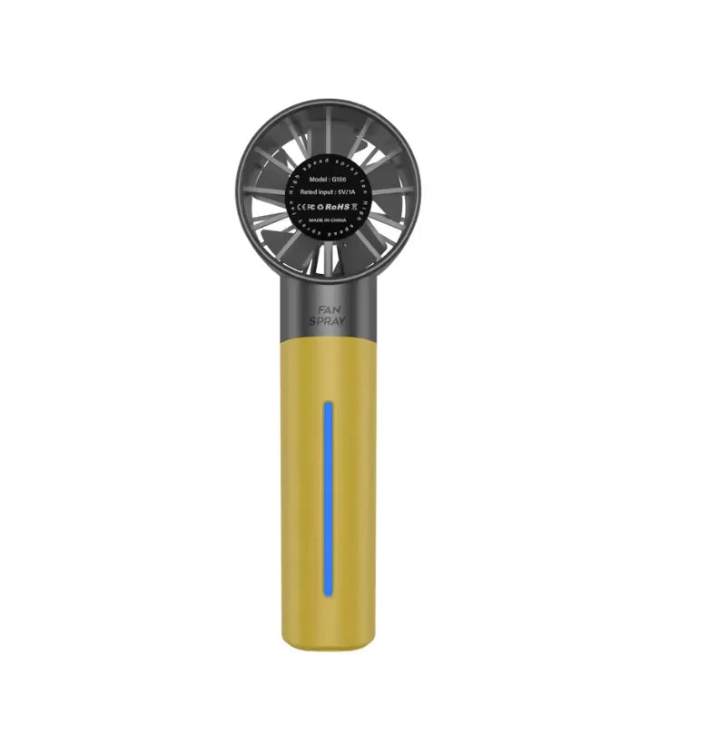 A portable handheld cooling fan with a silver grille and a gold body featuring a blue accent.