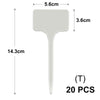 A white T-shaped plant marker with a 5.6cm wide top and a long stem measuring 14.3cm.