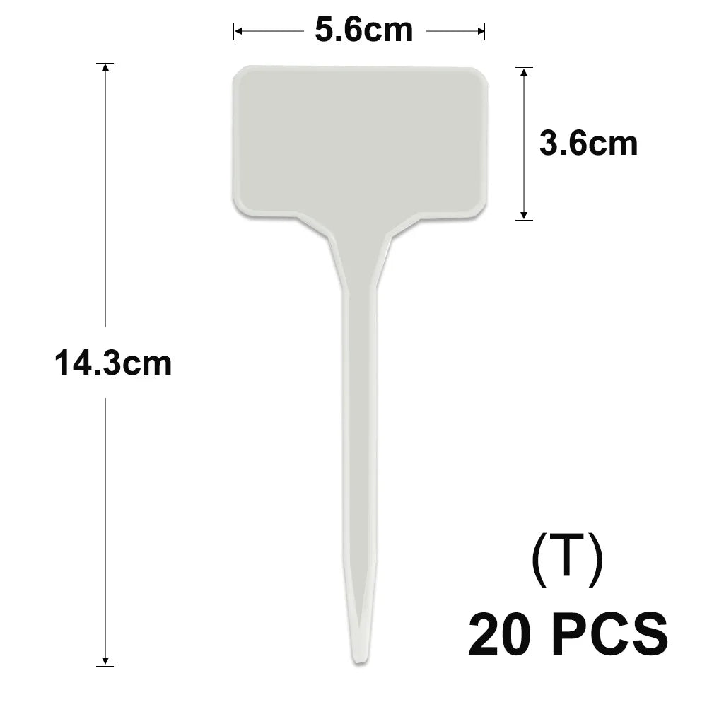 A white T-shaped plant marker with a 5.6cm wide top and a long stem measuring 14.3cm.